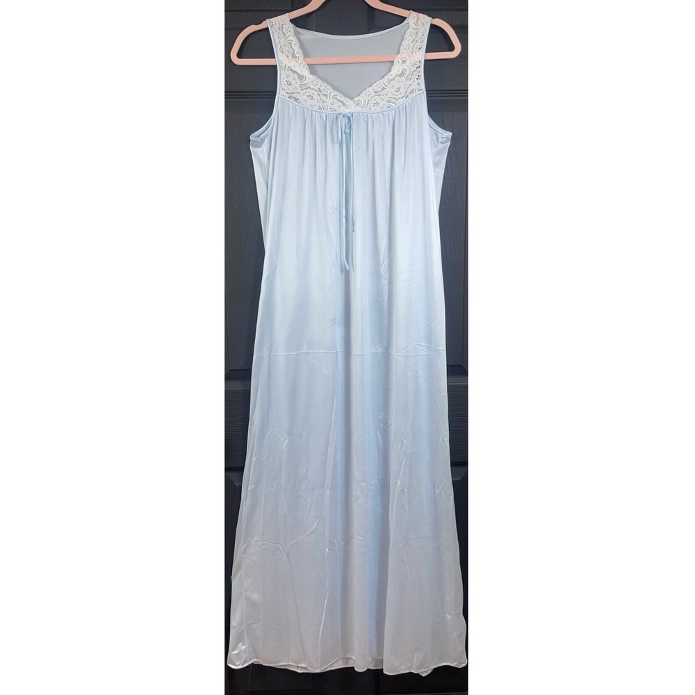 Vintage 1970s Lorraine Nylon Nightgown Blue Lace Slip Dress Maxi Small USA Paste